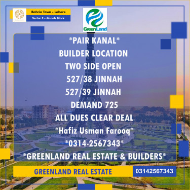 1 Kanal Residential Plot for Sale in Sector E - Jinnah Block -  Bahria Town, Lahore - (BP-355537)