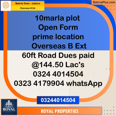 Residential Plot for Sale in Overseas B Ext -  Bahria Town, Lahore - (BP-355946)