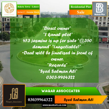 1 Kanal Residential Plot for Sale in Sector C - Jasmine Block -  Bahria Town, Lahore - (BP-355995)