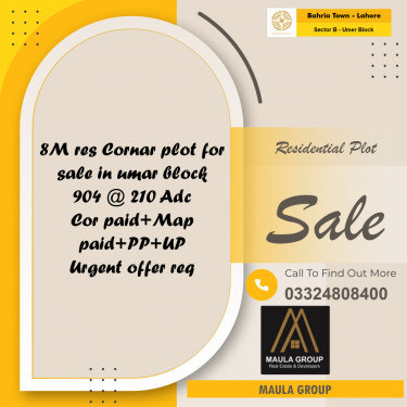 8 Marla Residential Plot for Sale in Sector B - Umer Block -  Bahria Town, Lahore - (BP-356021)
