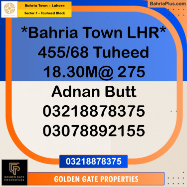 18.3 Marla Residential Plot for Sale in Sector F - Tauheed Block -  Bahria Town, Lahore - (BP-356326)