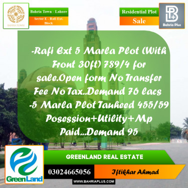 5 Marla Residential Plot for Sale in Sector E - Rafi Ext. Block -  Bahria Town, Lahore - (BP-356405)