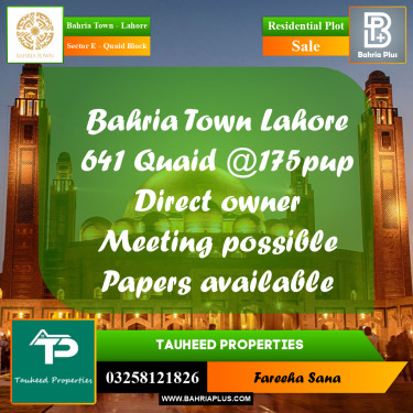 10 Marla Residential Plot for Sale in Sector E - Quaid Block -  Bahria Town, Lahore - (BP-356502)