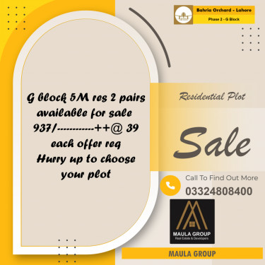 5 Marla Residential Plot for Sale in Phase 2 - G Block -  Bahria Orchard, Lahore - (BP-356506)