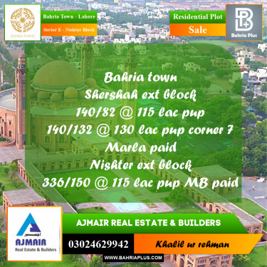 5 Marla Residential Plot for Sale in Sector E - Nishtar Block -  Bahria Town, Lahore - (BP-356711)