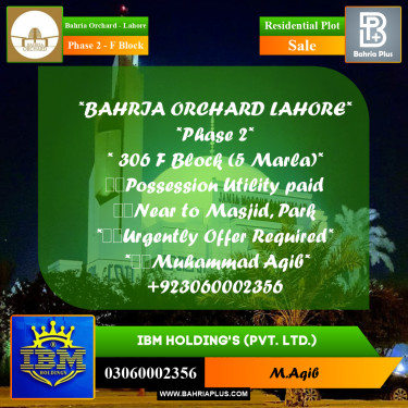 5 Marla Residential Plot for Sale in Phase 2 - F Block -  Bahria Orchard, Lahore - (BP-356756)