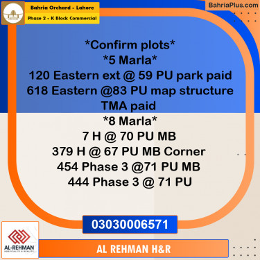 5 Marla Residential Plot for Sale in Phase 2 - K Block Commercial -  Bahria Orchard, Lahore - (BP-356778)