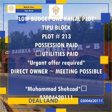 1 Kanal Residential Plot for Sale in Sector F - Tipu Sultan Block -  Bahria Town, Lahore - (BP-356908)