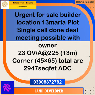 13 Marla Residential Plot for Sale in Overseas A -  Bahria Town, Lahore - (BP-357087)