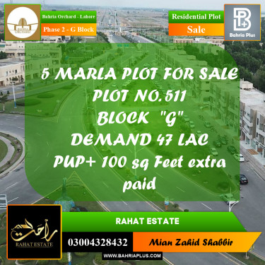 5 Marla Residential Plot for Sale in Phase 2 - G Block -  Bahria Orchard, Lahore - (BP-357197)