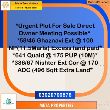 10 Marla Residential Plot for Sale in Sector E - Quaid Block -  Bahria Town, Lahore - (BP-357295)