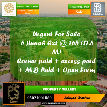11 Marla Residential Plot for Sale in Sector E - Jinnah Ext. Block -  Bahria Town, Lahore - (BP-357426)