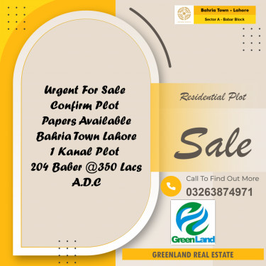 1 Kanal Residential Plot for Sale in Sector A - Babar Block -  Bahria Town, Lahore - (BP-357622)