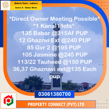 20 Marla Residential Plot for Sale in Sector A - Babar Block -  Bahria Town, Lahore - (BP-357834)