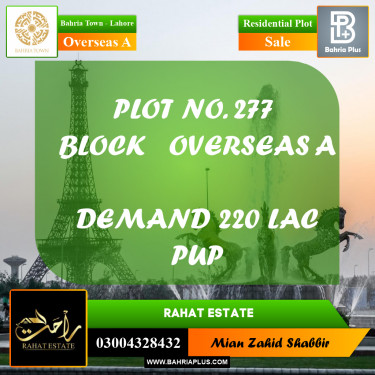 10 Marla Residential Plot for Sale in Overseas A -  Bahria Town, Lahore - (BP-357954)
