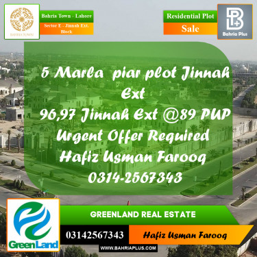 5 Marla Residential Plot for Sale in Sector E - Jinnah Ext. Block -  Bahria Town, Lahore - (BP-357963)