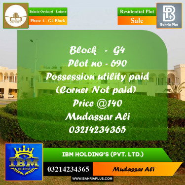 20 Marla Residential Plot for Sale in Phase 4 - G4 Block -  Bahria Orchard, Lahore - (BP-358188)
