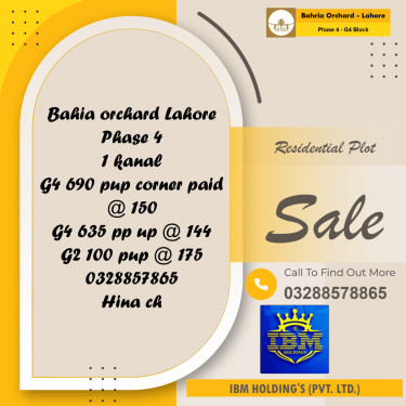 1 Kanal Residential Plot for Sale in Phase 4 - G4 Block -  Bahria Orchard, Lahore - (BP-358621)