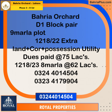 9 Marla Residential Plot for Sale in Phase 2 - D Ext -  Bahria Orchard, Lahore - (BP-358714)