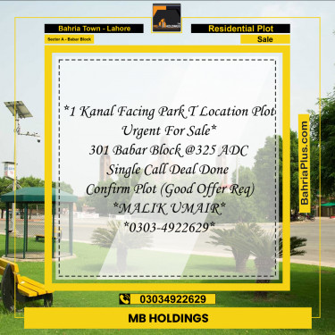 1 Kanal Residential Plot for Sale in Sector A - Babar Block -  Bahria Town, Lahore - (BP-358772)