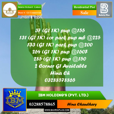 1 Kanal Residential Plot for Sale in Phase 4 - G1 Commercial -  Bahria Orchard, Lahore - (BP-358830)