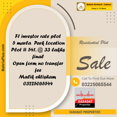 5 Marla Residential Plot for Sale in Phase 2 - F1 Block -  Bahria Orchard, Lahore - (BP-358849)