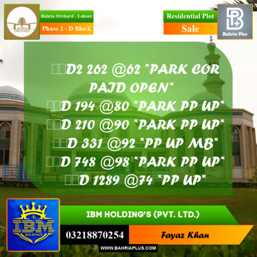 8 Marla Residential Plot for Sale in Phase 2 - D Block -  Bahria Orchard, Lahore - (BP-359099)