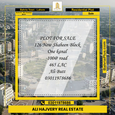 1 Kanal Residential Plot for Sale in Sector B - New Shaheen Block -  Bahria Town, Lahore - (BP-359387)