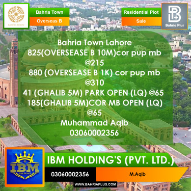 10 Marla Residential Plot for Sale in Overseas B -  Bahria Town, Lahore - (BP-359597)