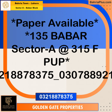 1 Kanal Residential Plot for Sale in Sector A - Babar Block -  Bahria Town, Lahore - (BP-359635)