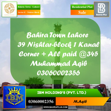 20 Marla Residential Plot for Sale in Sector E - Nishtar Block -  Bahria Town, Lahore - (BP-359861)