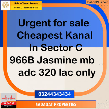 1 Kanal Residential Plot for Sale in Sector C - Jasmine Block -  Bahria Town, Lahore - (BP-360180)