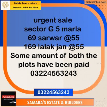 5 Marla Residential Plot for Sale in Sector G - Lalak Jan Block -  Bahria Town, Lahore - (BP-360267)