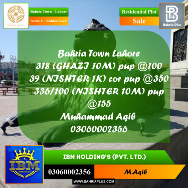 10 Marla Residential Plot for Sale in Sector E - Nishtar Block -  Bahria Town, Lahore - (BP-360374)