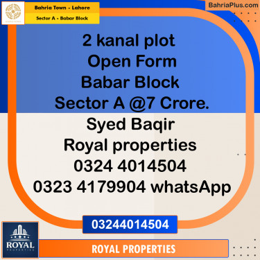 2 Kanal Residential Plot for Sale in Sector A - Babar Block -  Bahria Town, Lahore - (BP-360562)