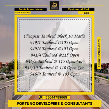 10 Marla Residential Plot for Sale in Sector F - Tauheed Block -  Bahria Town, Lahore - (BP-360583)