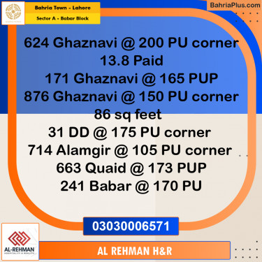 10 Marla Residential Plot for Sale in Sector A - Babar Block -  Bahria Town, Lahore - (BP-361596)