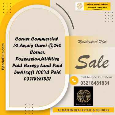 3.41 Marla Residential Plot for Sale in Overseas A / Awais Qarni Commercial -  Bahria Town, Lahore - (BP-362256)