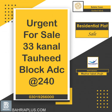 20 Marla Residential Plot for Sale in Sector F - Tauheed Block -  Bahria Town, Lahore - (BP-363621)