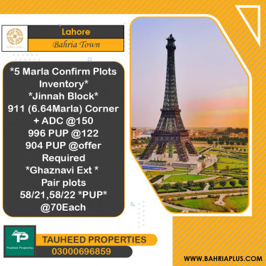 5 Marla Residential Plot for Sale in Bahria Town, Lahore - (BP-365904)