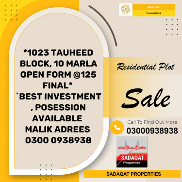 10 Marla Residential Plot for Sale in Sector F - Tauheed Block -  Bahria Town, Lahore - (BP-366925)
