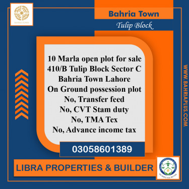 10 Marla Residential Plot for Sale in Sector C - Tulip Block -  Bahria Town, Lahore - (BP-367110)
