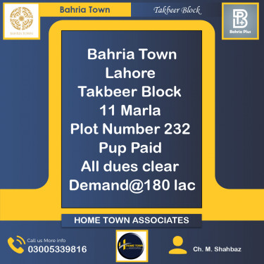 11 Marla Residential Plot for Sale in Sector B - Takbeer Block -  Bahria Town, Lahore - (BP-367513)