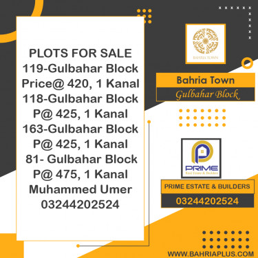 1 Kanal Residential Plot for Sale in Sector C - Gulbahar Block -  Bahria Town, Lahore - (BP-368223)