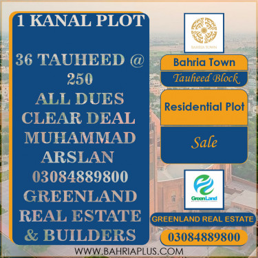 20 Marla Residential Plot for Sale in Sector F - Tauheed Block -  Bahria Town, Lahore - (BP-369624)
