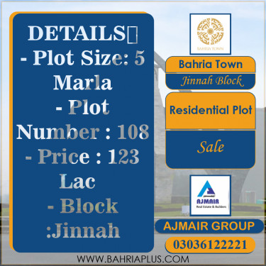 5 Marla Residential Plot for Sale in Sector E - Jinnah Block -  Bahria Town, Lahore - (BP-369911)