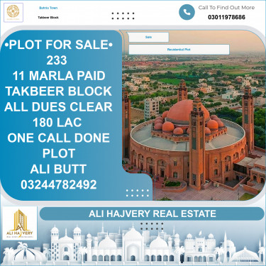 11 Marla Residential Plot for Sale in Sector B - Takbeer Block -  Bahria Town, Lahore - (BP-370399)