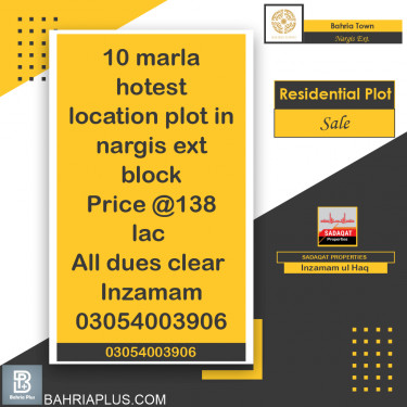 10 Marla Residential Plot for Sale in Sector C - Nargis/Hussain Ext. -  Bahria Town, Lahore - (BP-371295)