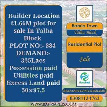 22 Marla Residential Plot for Sale in Sector F - Talha Block -  Bahria Town, Lahore - (BP-371899)