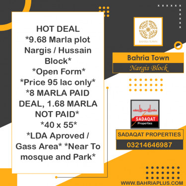 10 Marla Residential Plot for Sale in Sector C - Nargis/Hussain Block -  Bahria Town, Lahore - (BP-372944)